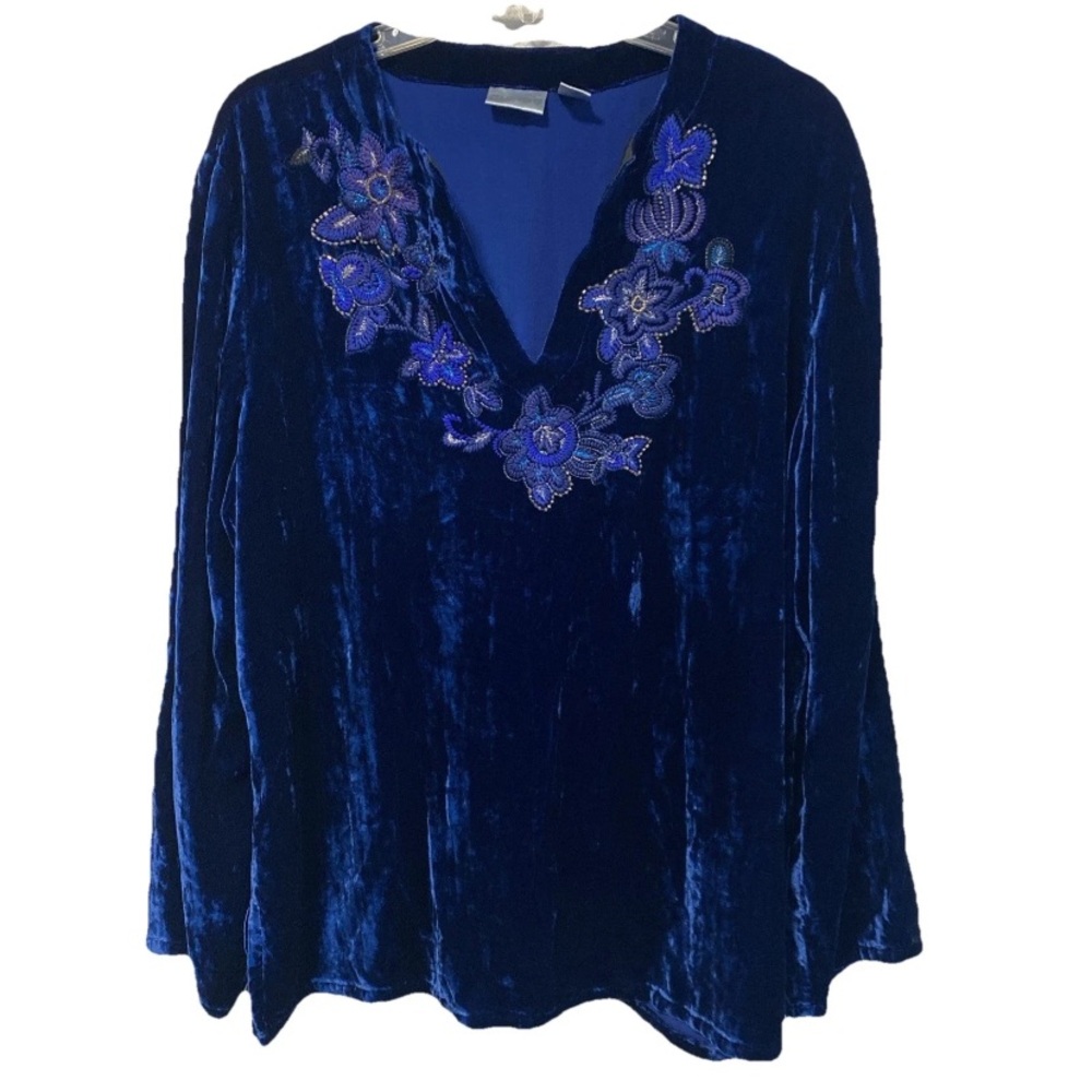 Vtg Chicos Velvet Top Women 3/XL Boho Sapphire Blue Embroidered Chic Blouse Silk - Picture 3 of 12